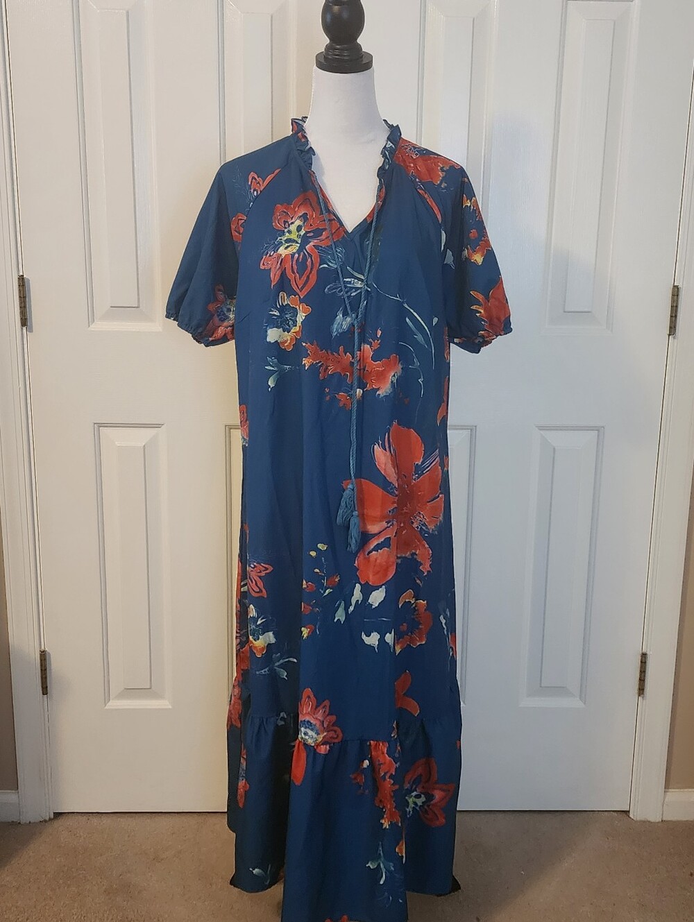 Teal Blue Floral Maxi Dress with Red Bloom
